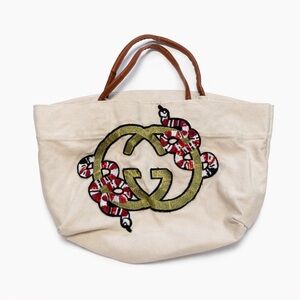Beige Tote with Red and Black Snake Design